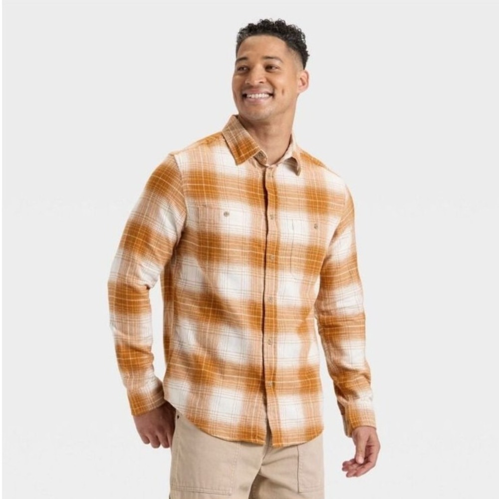 Goodfellow & Co Mens Shirt XXL Midweight Flannel Shirt Orange Off-White Plaid